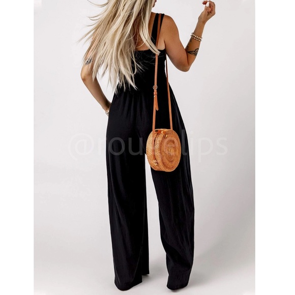 Black Jumpsuit Slant Pocket Wide Leg Shirred Bodice Straps Square Neck - Picture 3 of 13